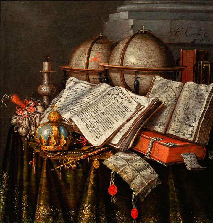 Vanitas with a Crown, two Globes and Books.